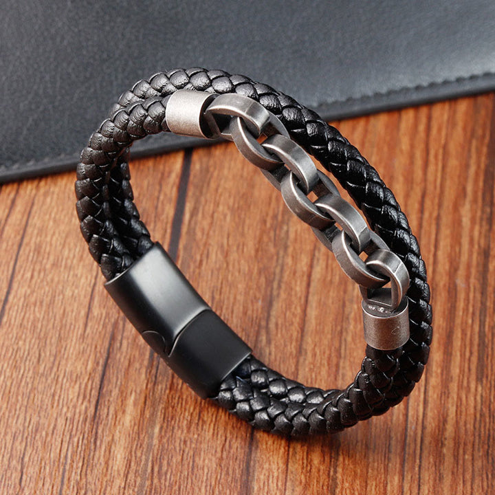 Buddha Stonesチェーンデザイン チタンスチール バランスレザー編みバックルブレスレット
