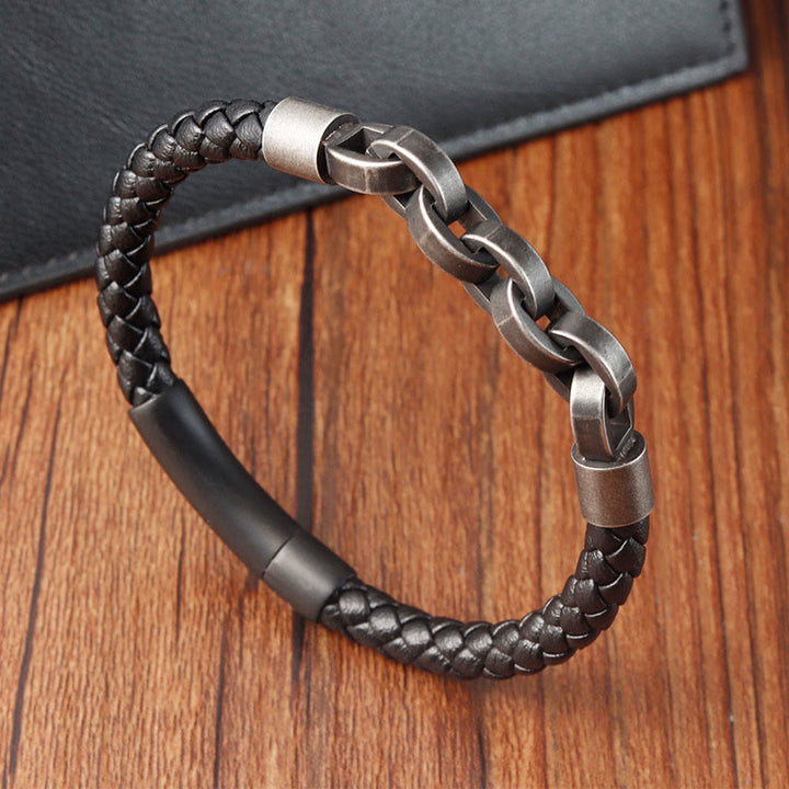 Buddha Stonesチェーンデザイン チタンスチール バランスレザー編みバックルブレスレット