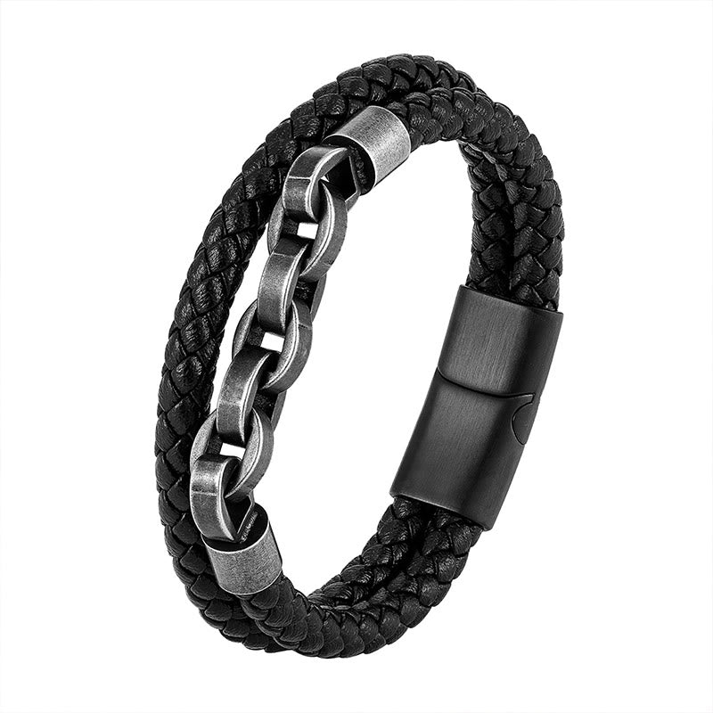 Buddha Stonesチェーンデザイン チタンスチール バランスレザー編みバックルブレスレット