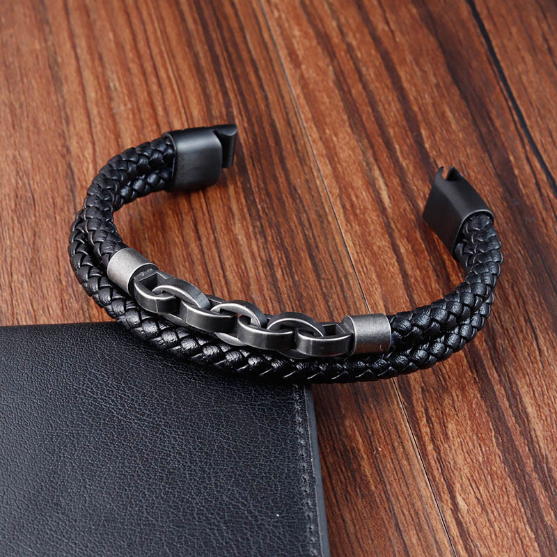 Buddha Stonesチェーンデザイン チタンスチール バランスレザー編みバックルブレスレット