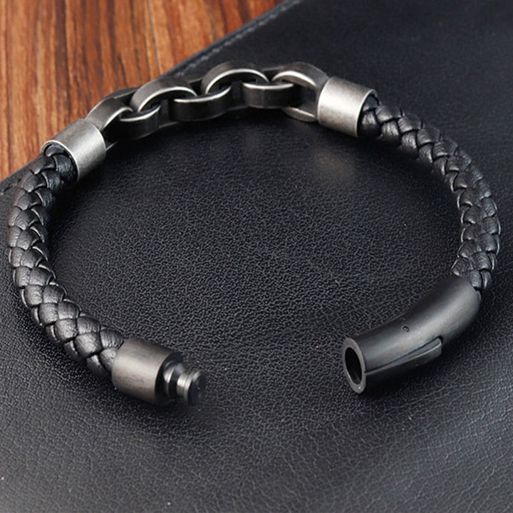 Buddha Stonesチェーンデザイン チタンスチール バランスレザー編みバックルブレスレット