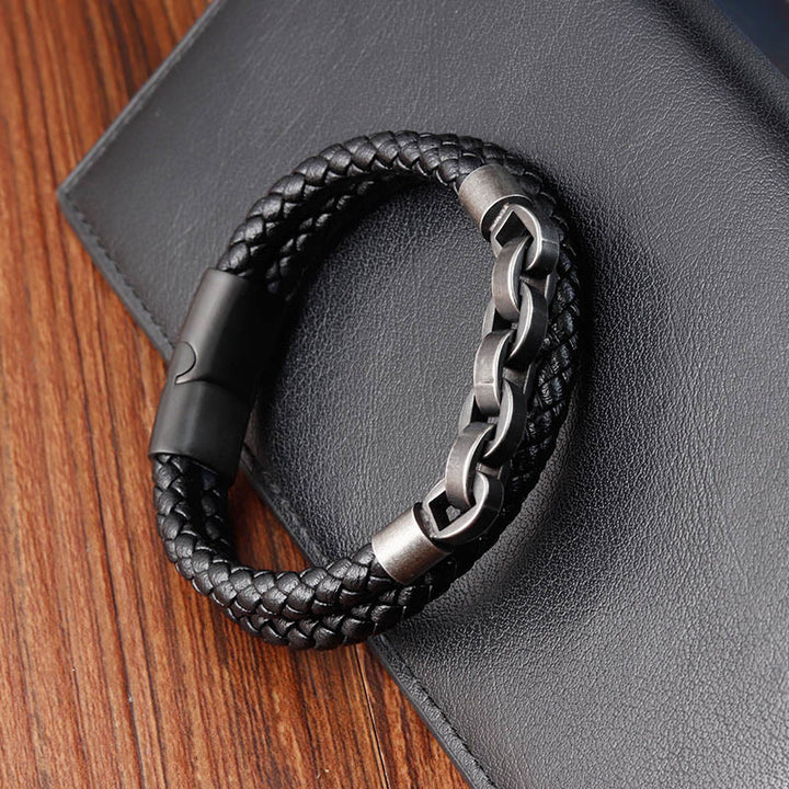 Buddha Stonesチェーンデザイン チタンスチール バランスレザー編みバックルブレスレット