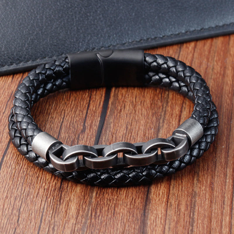 Buddha Stonesチェーンデザイン チタンスチール バランスレザー編みバックルブレスレット - image 1