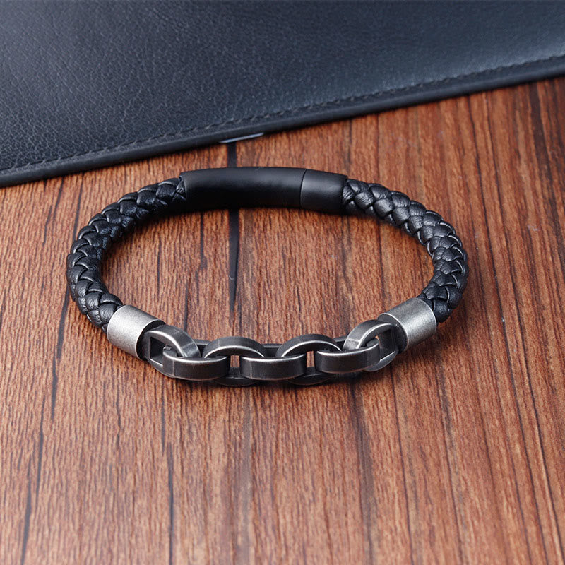 Buddha Stonesチェーンデザイン チタンスチール バランスレザー編みバックルブレスレット