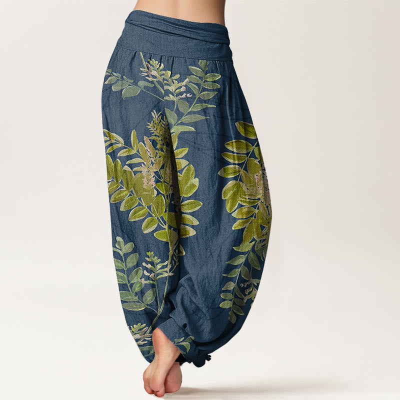 Buddha Stonesコットングリーンの葉と枝柄レディース伸縮性ウエストハーレムパンツ - image 8