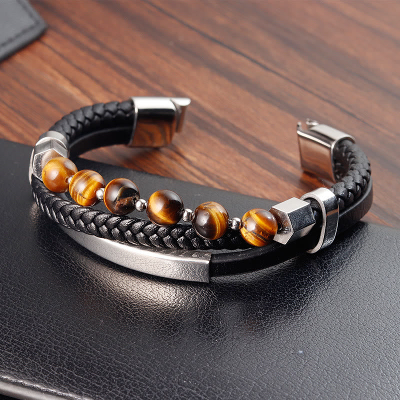 Buddha Stonesタイガーアイビーズ多層グラウンディングレザーバックルブレスレット