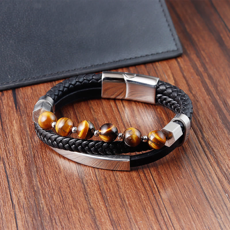 Buddha Stonesタイガーアイビーズ多層グラウンディングレザーバックルブレスレット