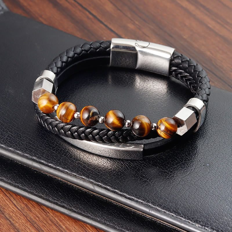 Buddha Stonesタイガーアイビーズ多層グラウンディングレザーバックルブレスレット