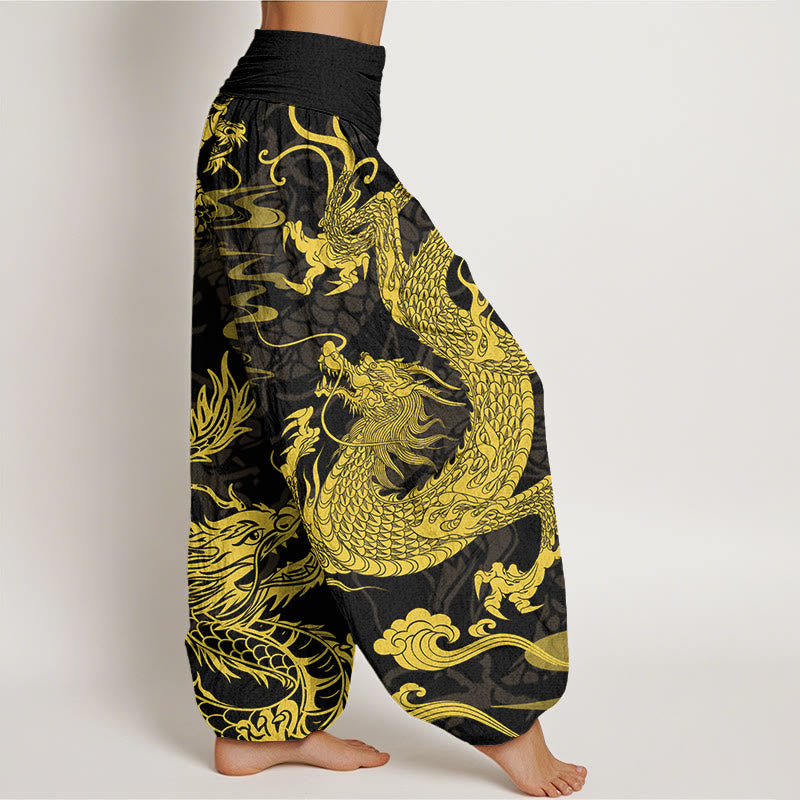 Buddha Stonesと龍、吉兆の雲がデザインされたレディースの伸縮性ウエストハーレムパンツ - image 3