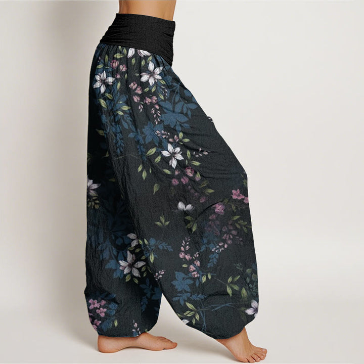 Buddha Stonesコットン 小さな白い花と緑の葉 レディース 伸縮性ウエスト ハーレムパンツ - image 2