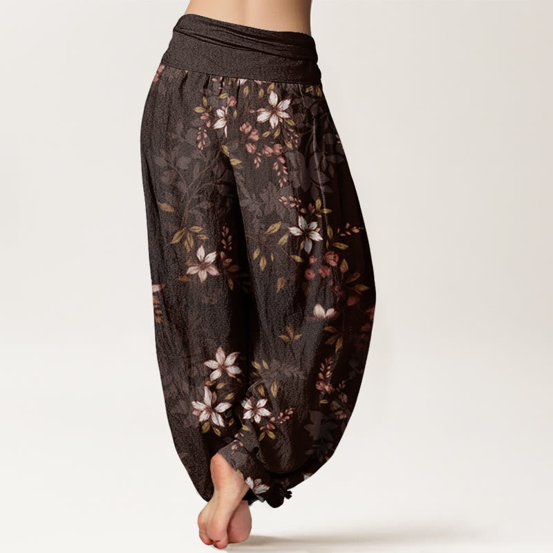 Buddha Stonesコットン 小さな白い花と緑の葉 レディース 伸縮性ウエスト ハーレムパンツ - image 8