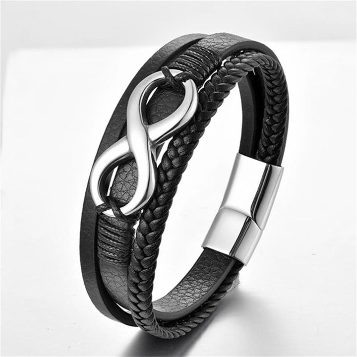 Buddha Stones永遠のエンドレスノット 無限大シンボル チタンスチール 落ち着いたレザーバックルブレスレット