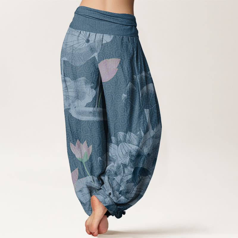 Buddha Stonesピンク＆ホワイト ロータス レディース 伸縮性ウエスト ハーレムパンツ - image 6