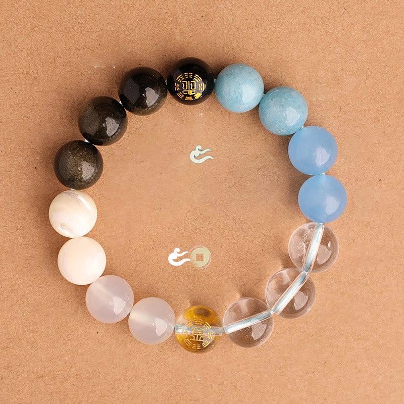 Buddha Stones ブラックオニキス グリーンカルセドニー アクアマリン 開運 知恵 癒し ブレスレット