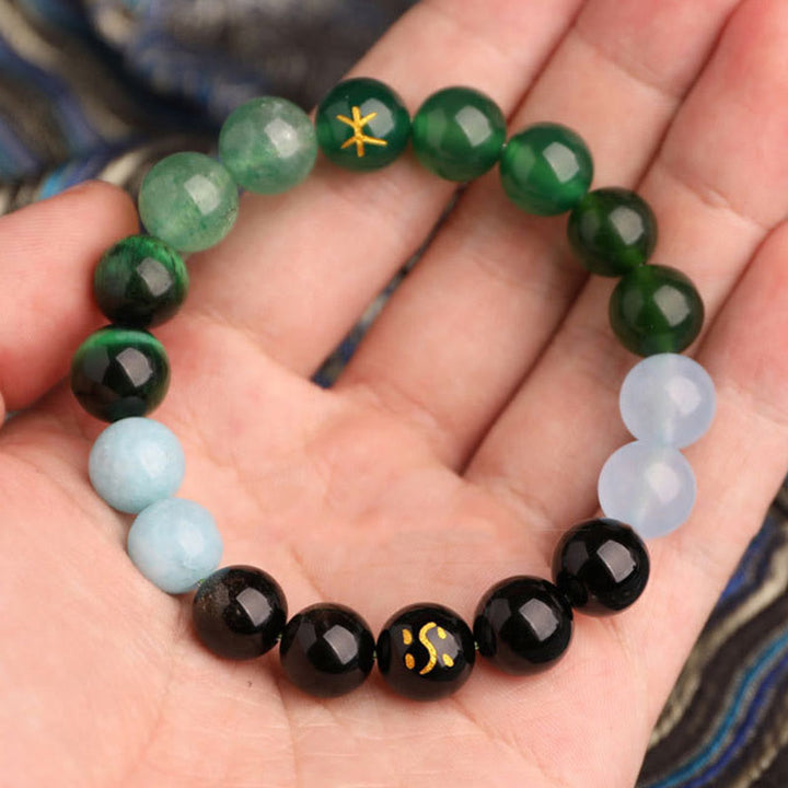 Buddha Stones ブラックオニキス グリーンカルセドニー アクアマリン 開運 知恵 癒し ブレスレット