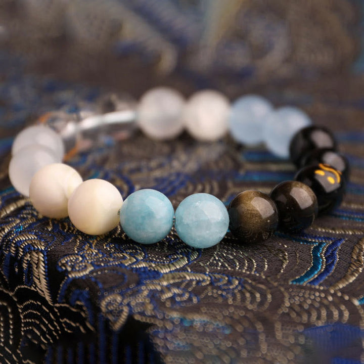 Buddha Stones ブラックオニキス グリーンカルセドニー アクアマリン 開運 知恵 癒し ブレスレット