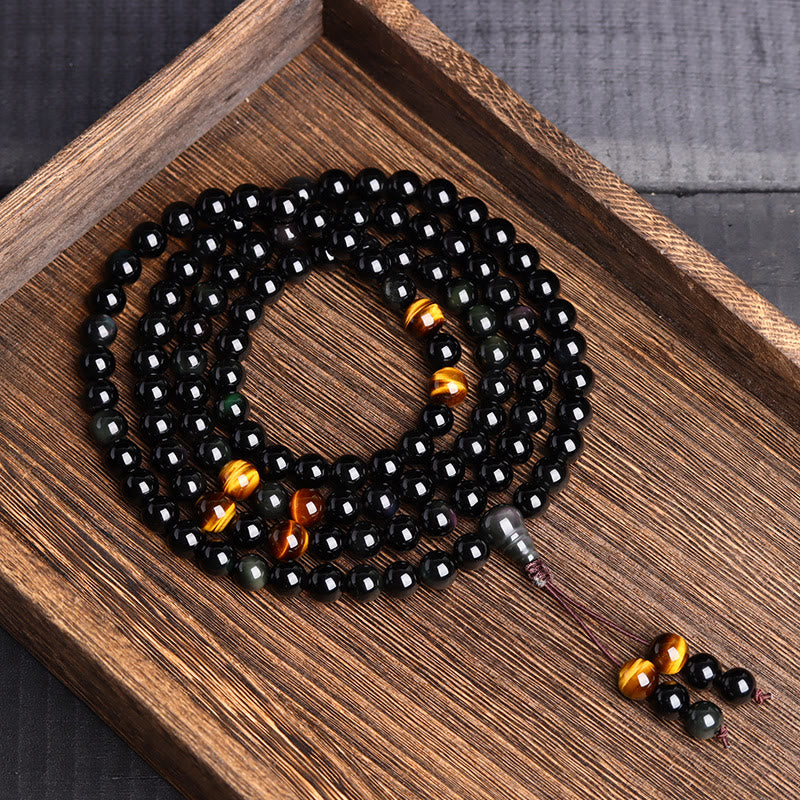 Buddha Stones 108 個入りMalaビーズ ブラックオブシディアン アイスオブシディアン フルフィルメントブレスレット