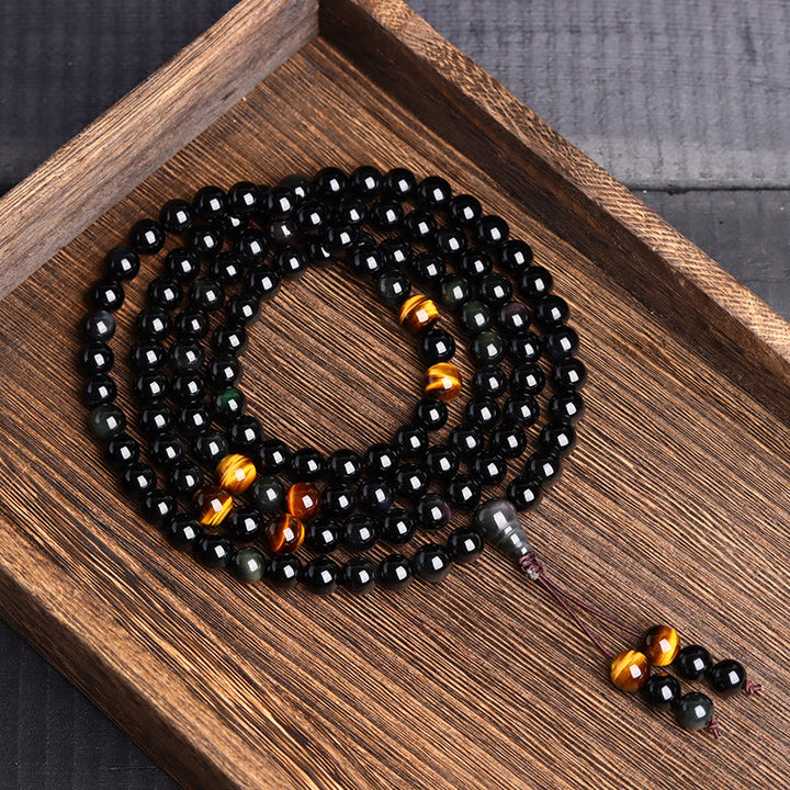 Buddha Stones 108 個入りMalaビーズ ブラックオブシディアン アイスオブシディアン フルフィルメントブレスレット