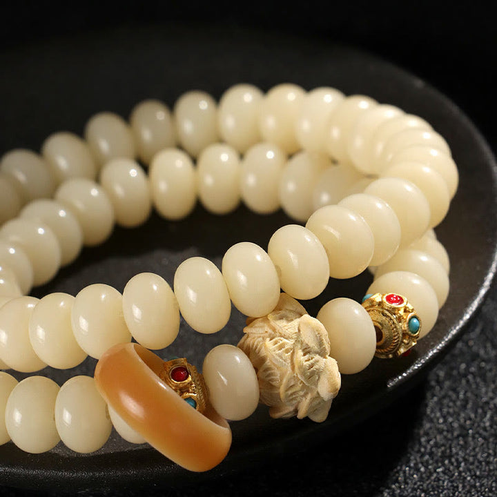 Buddha Stones菩提樹桃の木蓮の富のダブルラップブレスレット