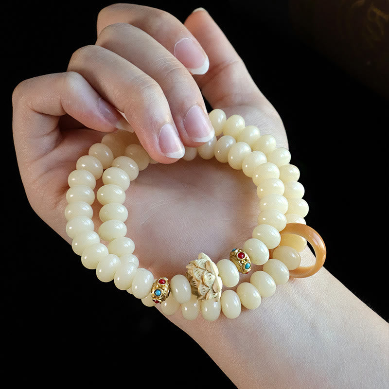 Buddha Stones菩提樹桃の木蓮の富のダブルラップブレスレット
