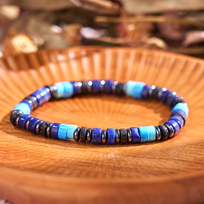 Buddha Stonesヘマタイト ターコイズ ラズライト ラピスラズリ 溶岩石 ブラックグリッターストーン サポートブレスレット - 6mmヘマタイトターコイズラズライト（手首周り：14～16cm） - image 0