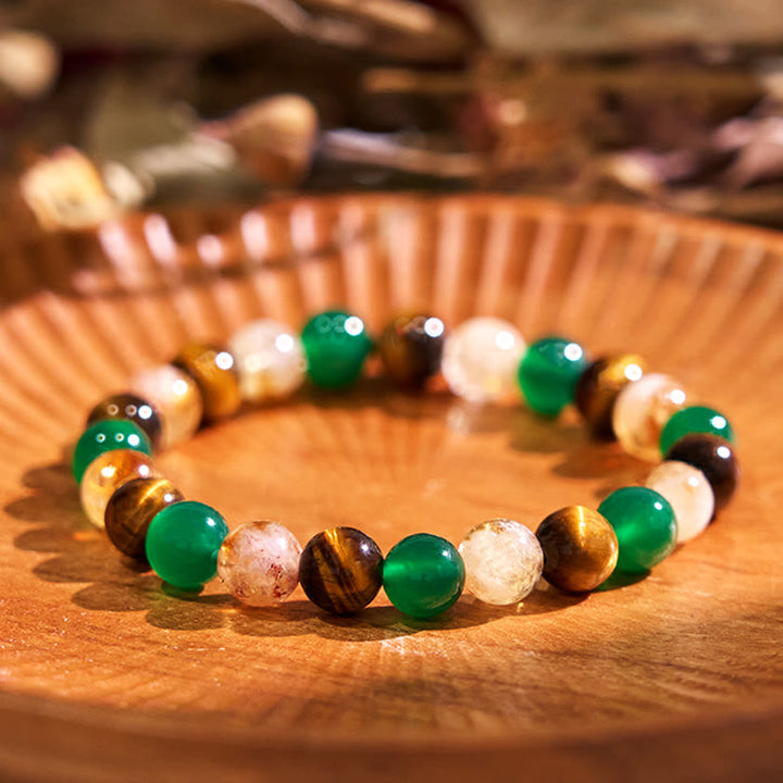 Buddha Stones天然タイガーアイ グリーンアゲート シトリン ミックス＆マッチビーズ 守護ブレスレット