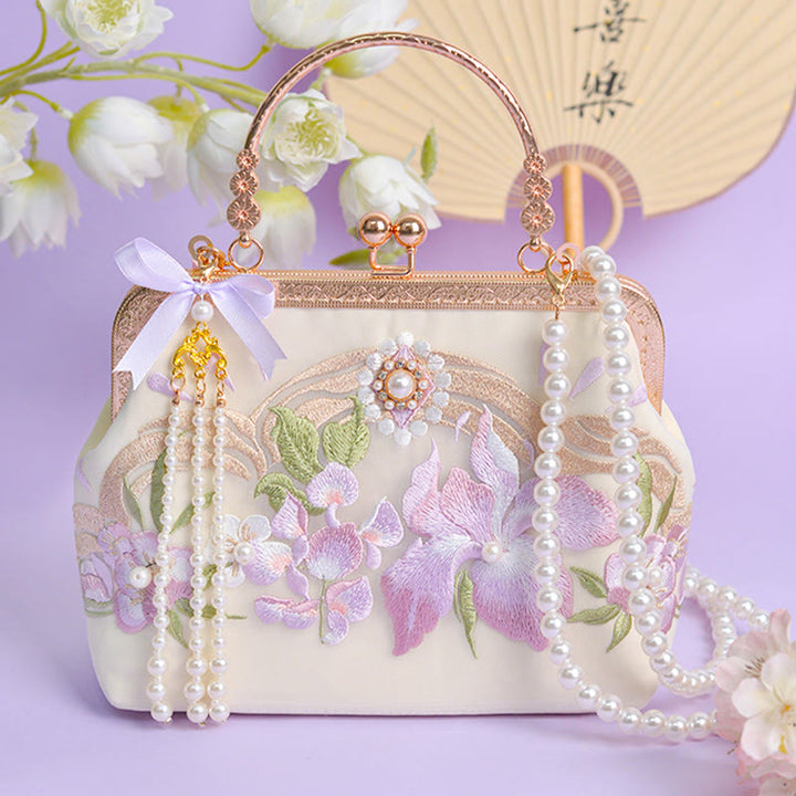 Buddha Stonesの花の刺繍入りタッセルペンダントパールメタルチェーンクロスボディバッグハンドバッグ