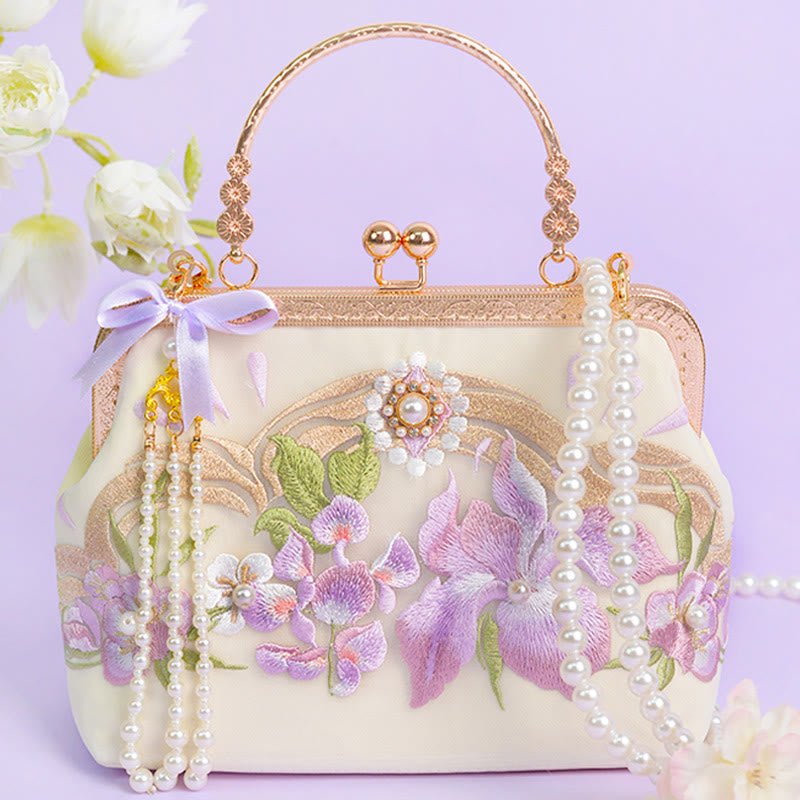 Buddha Stonesの花の刺繍入りタッセルペンダントパールメタルチェーンクロスボディバッグハンドバッグ