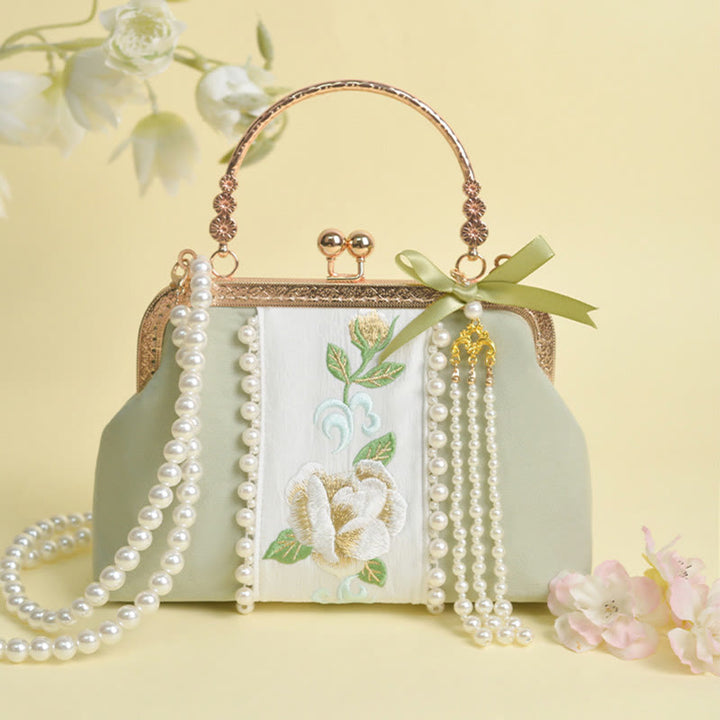 Buddha Stones両面花刺繍パールペンダントメタルチェーンクロスボディバッグハンドバッグ