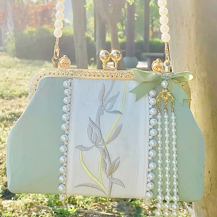 Buddha Stones両面花刺繍パールペンダントメタルチェーンクロスボディバッグハンドバッグ