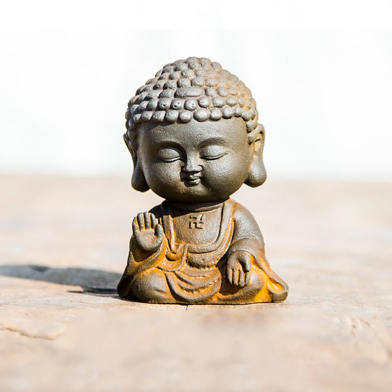 Buddha Stones小さな瞑想仏 鉄粉錆鋳造樹脂像 家の装飾 - 恐れ知らずの仏像 9*6.5*5.2cm - image 11