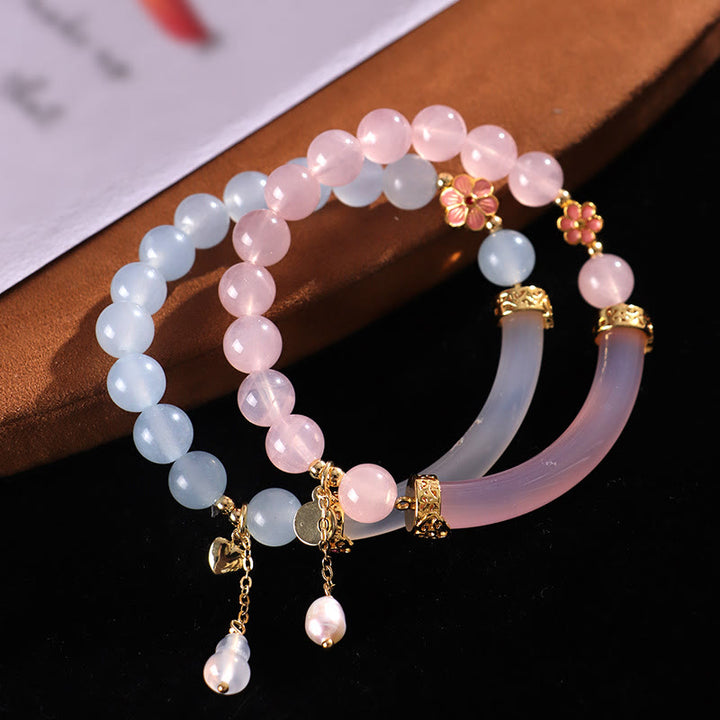 Buddha Stonesピンククリスタル ブルーカルセドニー パール カフ ハーフブレスレット バングル
