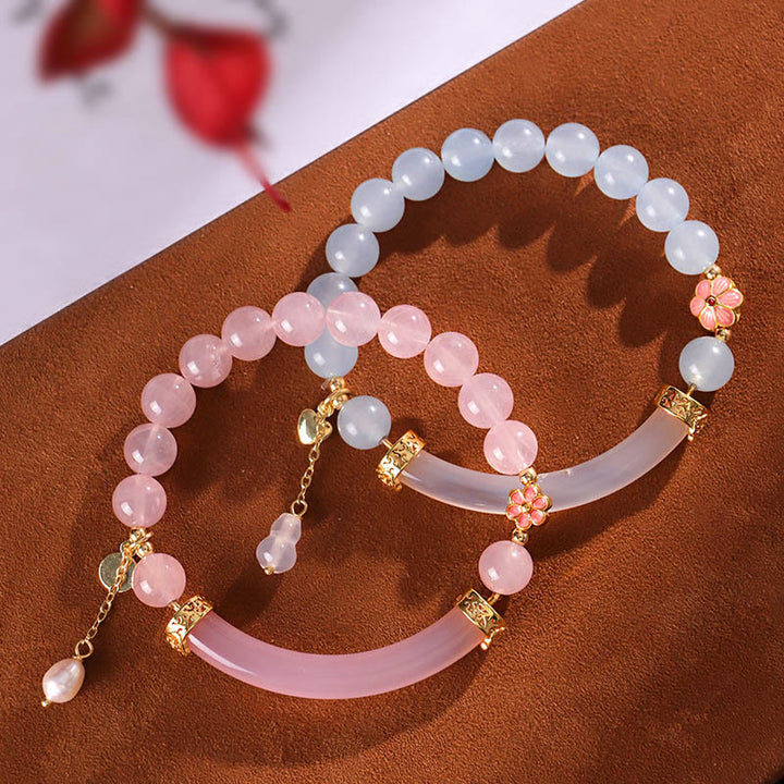 Buddha Stonesピンククリスタル ブルーカルセドニー パール カフ ハーフブレスレット バングル