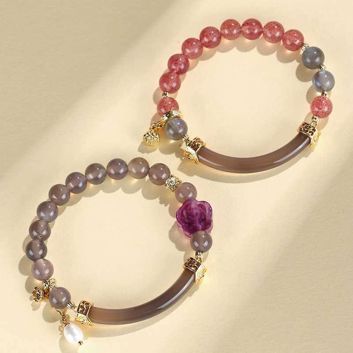 Buddha Stonesストロベリークォーツ ラブラドライト フローライト パール カフ ハーフブレスレット バングル