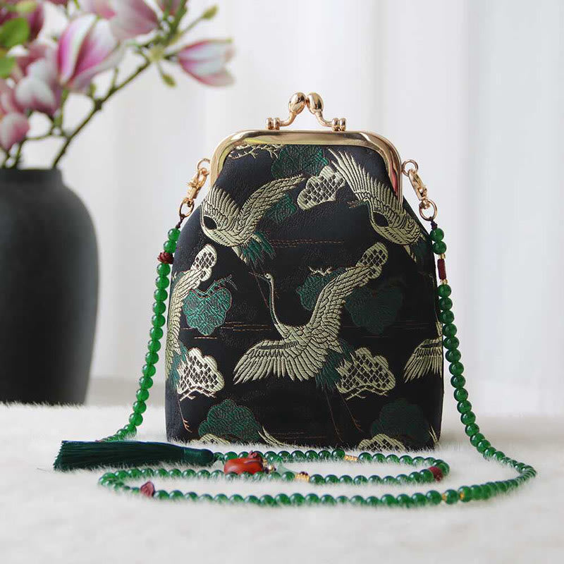 Buddha Stonesのレトロな中国刺繍パールチェーンクロスボディバッグショルダーバッグ - 黒鶴 14×6×18cm - image 1