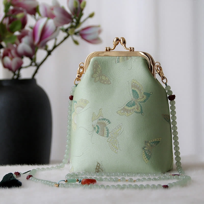 Buddha Stonesのレトロな中国刺繍パールチェーンクロスボディバッグショルダーバッグ - 淡い緑の蝶 14*6*18cm - image 3