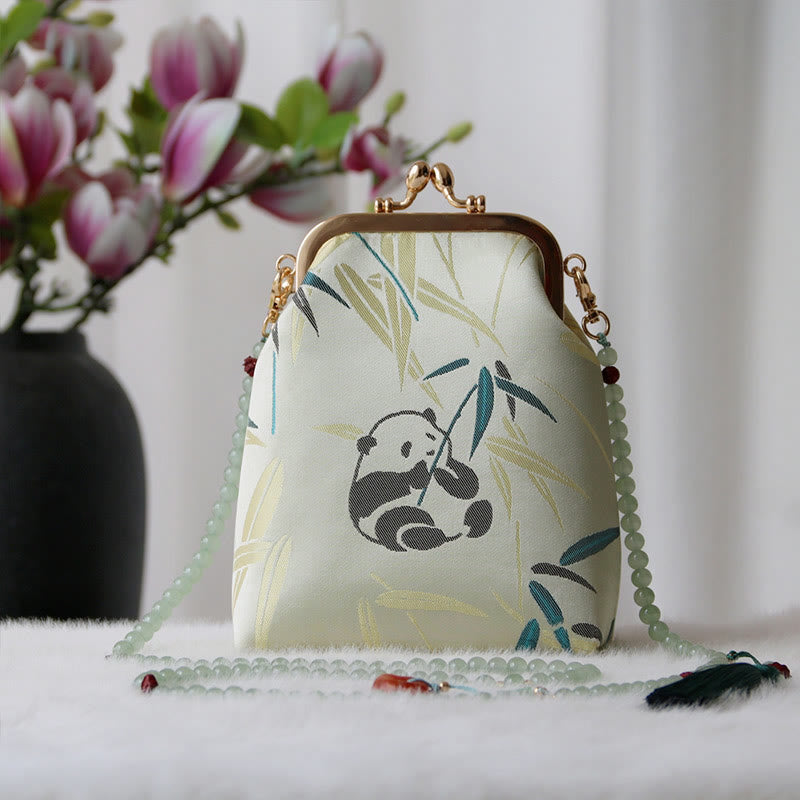 Buddha Stonesのレトロな中国刺繍パールチェーンクロスボディバッグショルダーバッグ - 淡いグリーンのパンダ竹 14*6*18cm - image 7