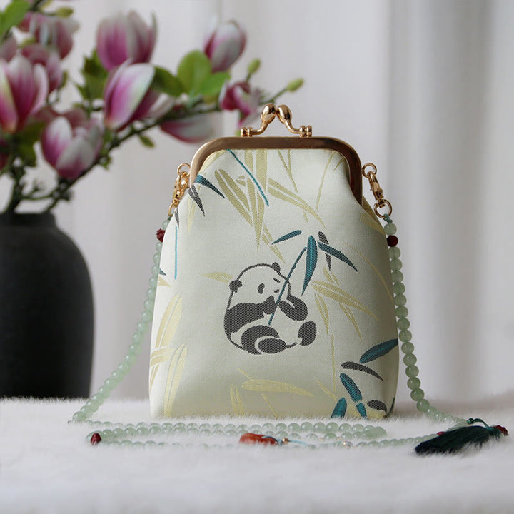 Buddha Stonesのレトロな中国刺繍パールチェーンクロスボディバッグショルダーバッグ - 淡いグリーンのパンダ竹 14*6*18cm - image 7