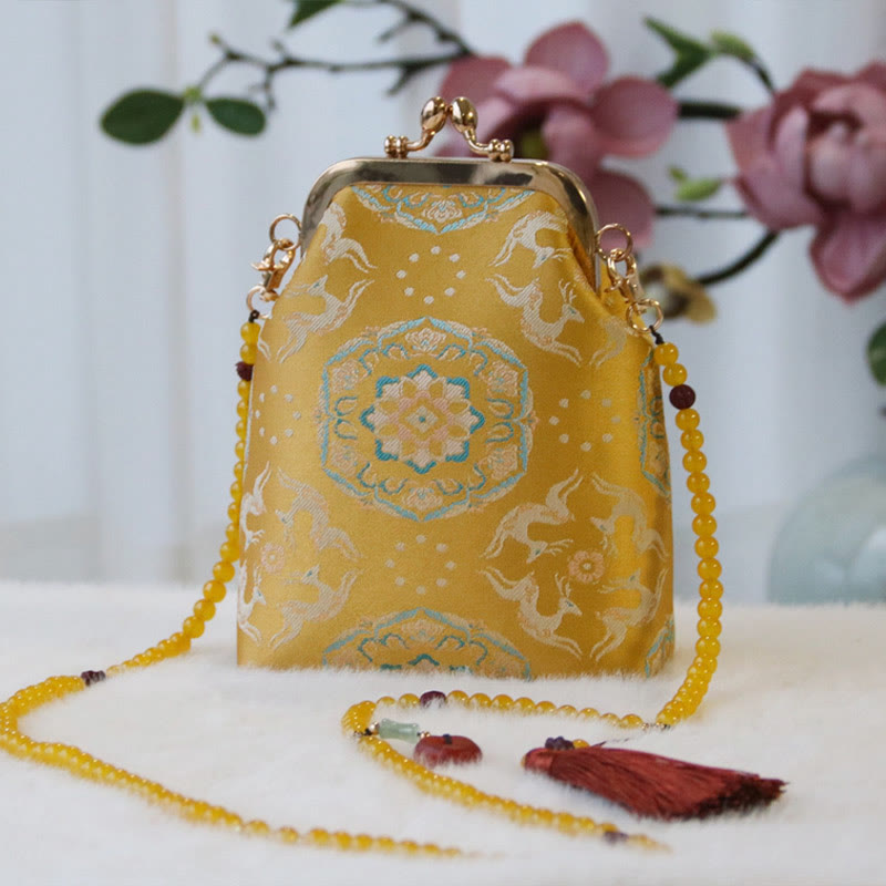 Buddha Stonesのレトロな中国刺繍パールチェーンクロスボディバッグショルダーバッグ - ゴールドディアフラワー 14×6×18cm - image 9