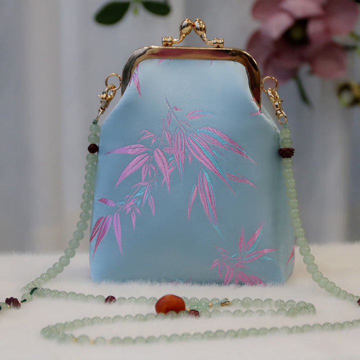 Buddha Stonesのレトロな中国刺繍パールチェーンクロスボディバッグショルダーバッグ - ライトスカイブルー 竹の葉 14×6×18cm - image 10