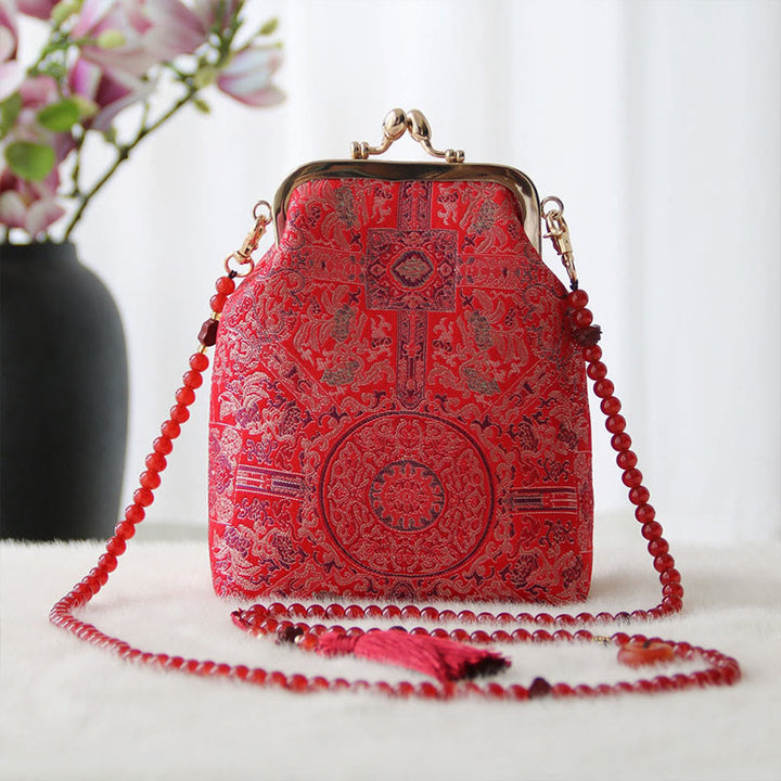 Buddha Stonesのレトロな中国刺繍パールチェーンクロスボディバッグショルダーバッグ - 赤い花の刺繍 14*6*18cm - image 11