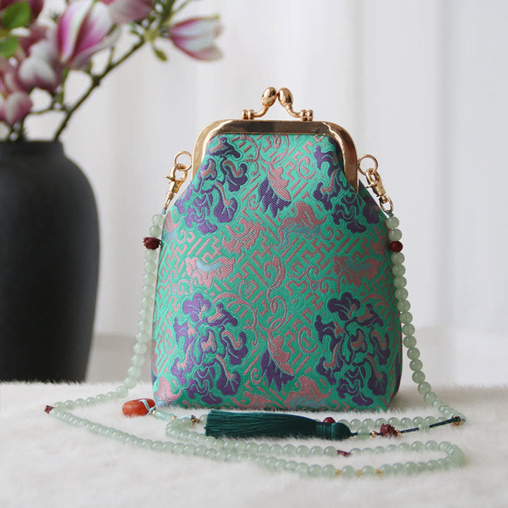 Buddha Stonesのレトロな中国刺繍パールチェーンクロスボディバッグショルダーバッグ - ミディアムスプリンググリーンフラワー 14×6×18cm - image 18
