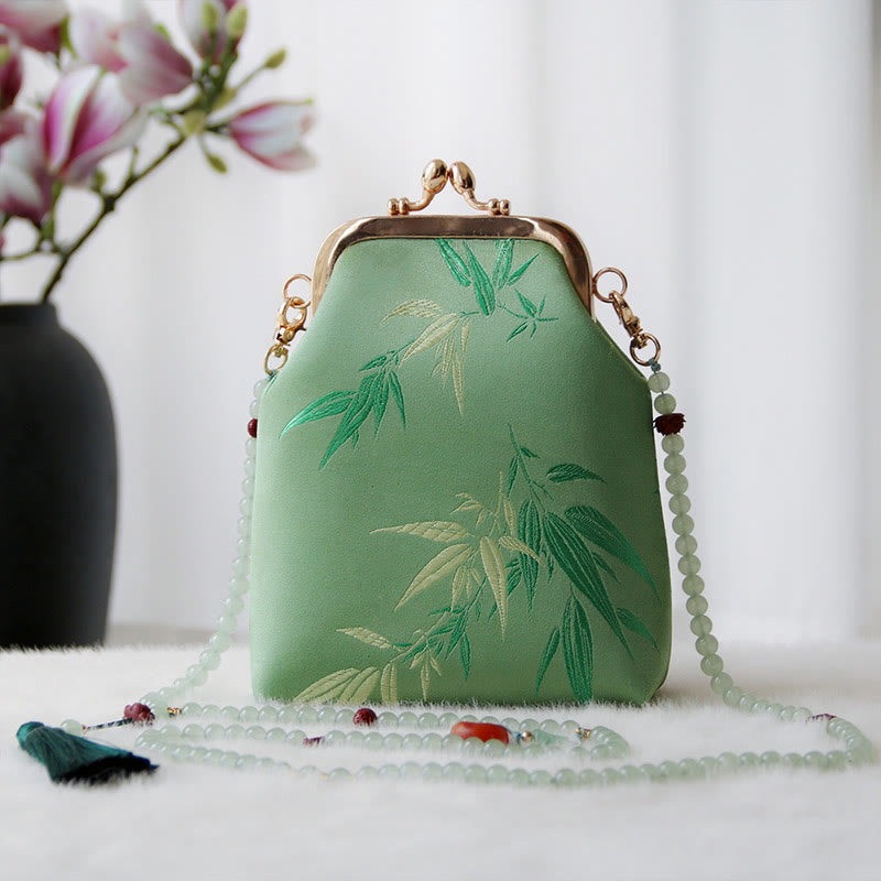 Buddha Stonesのレトロな中国刺繍パールチェーンクロスボディバッグショルダーバッグ - スプリンググリーン竹の葉 14×6×18cm - image 16