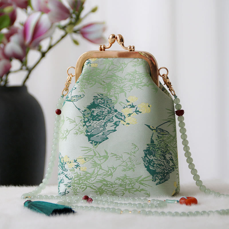 Buddha Stonesのレトロな中国刺繍パールチェーンクロスボディバッグショルダーバッグ - アクアマリンの葉 14×6×18cm - image 17
