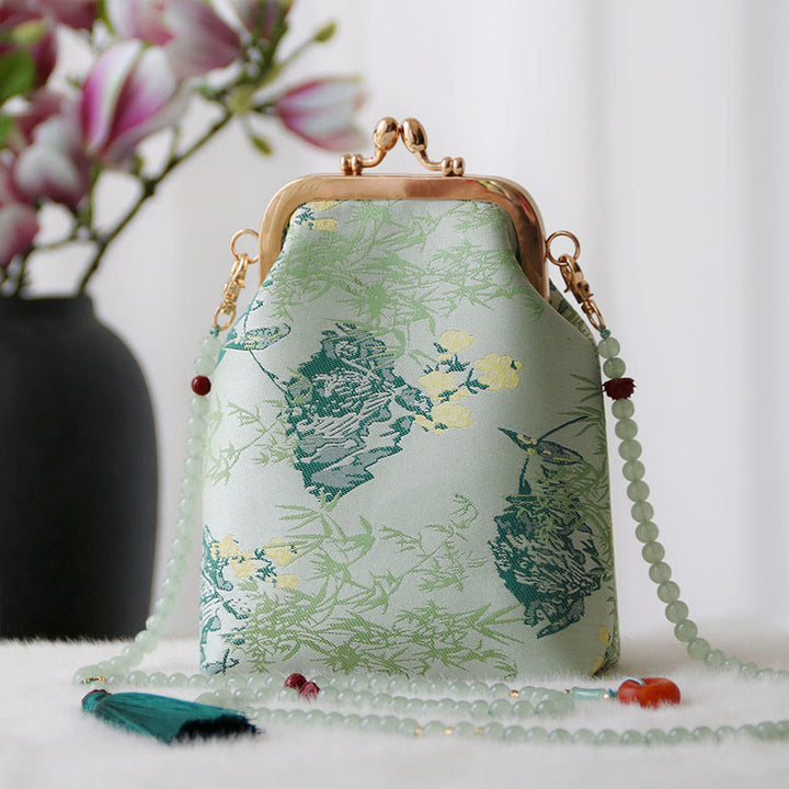 Buddha Stonesのレトロな中国刺繍パールチェーンクロスボディバッグショルダーバッグ - アクアマリンの葉 14×6×18cm - image 17