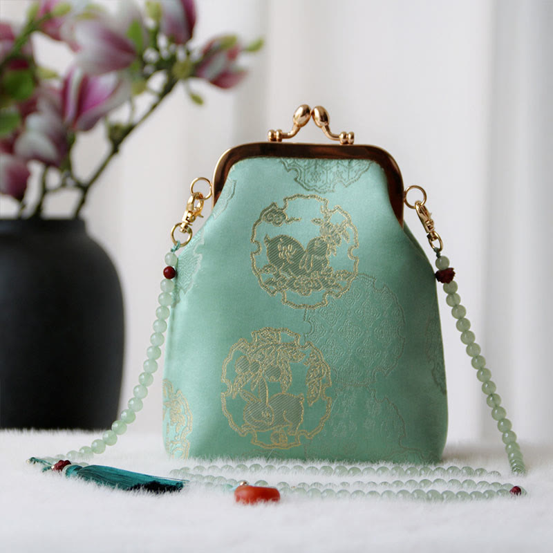 Buddha Stonesのレトロな中国刺繍パールチェーンクロスボディバッグショルダーバッグ - ミディアムスプリンググリーンラビット 14×6×18cm - image 20
