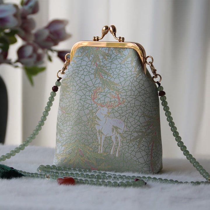 Buddha Stonesのレトロな中国刺繍パールチェーンクロスボディバッグショルダーバッグ - ダークシーグリーン 鹿 14*6*18cm - image 22