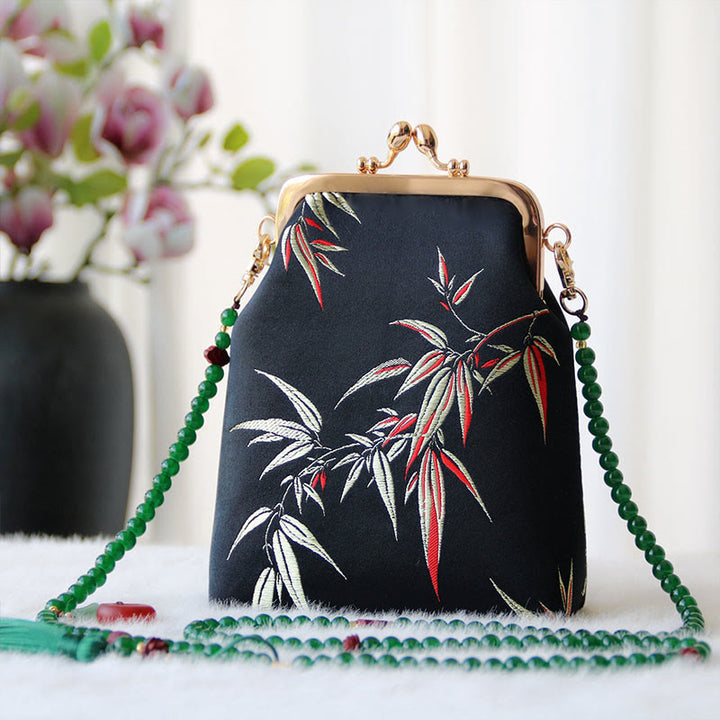 Buddha Stonesのレトロな中国刺繍パールチェーンクロスボディバッグショルダーバッグ - 黒竹の葉 14×6×18cm - image 24