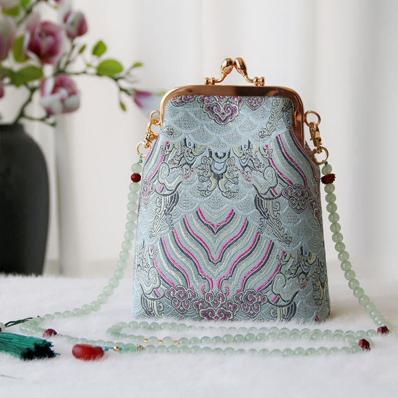 Buddha Stonesのレトロな中国刺繍パールチェーンクロスボディバッグショルダーバッグ - ライトスカイブルー 縁起の良い雲 14*6*18cm - image 25