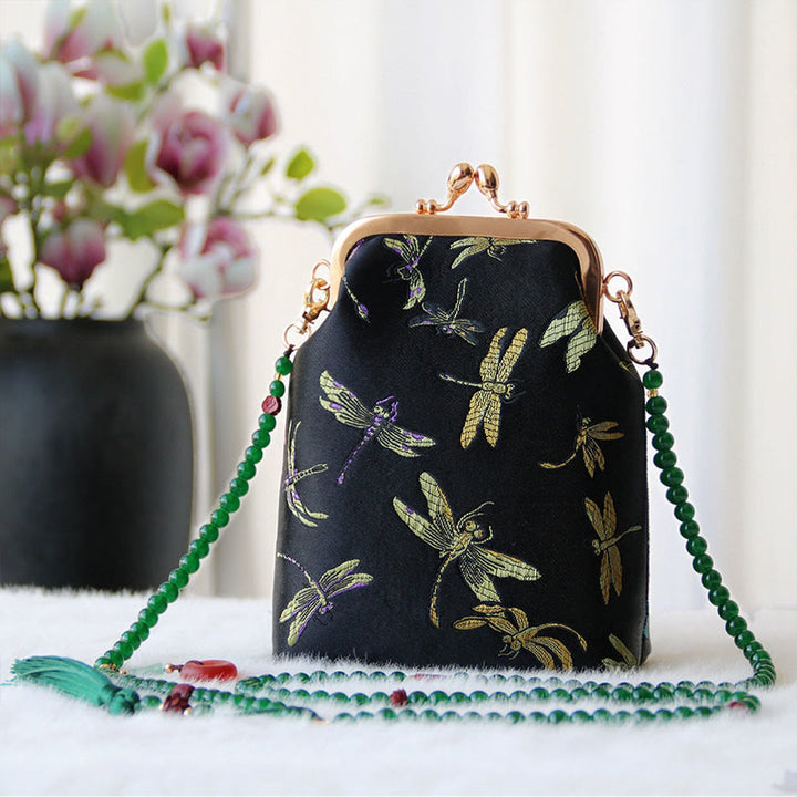 Buddha Stonesのレトロな中国刺繍パールチェーンクロスボディバッグショルダーバッグ - 黒トンボ 14×6×18cm - image 26